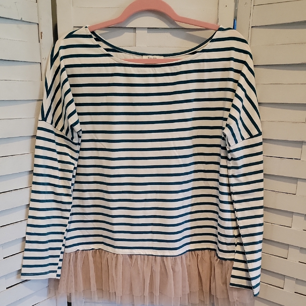 Hayden Teal And White Striped Ruffle Top Size Small